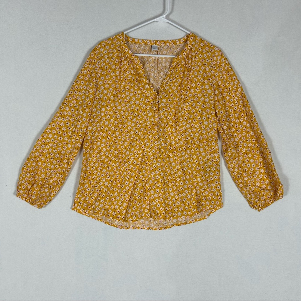 Old Navy Yellow Floral Boho Top Womens S Small V Neck Relaxed Balloon Sleeve